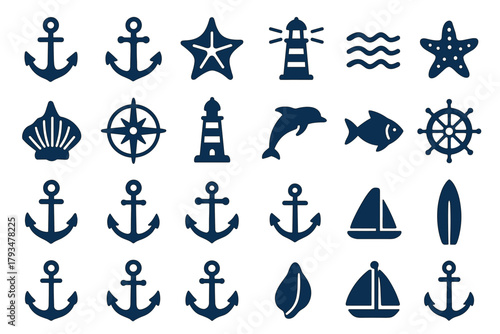 a collection of 20 dark blue line icons representing various nautical and ocean-related concepts.