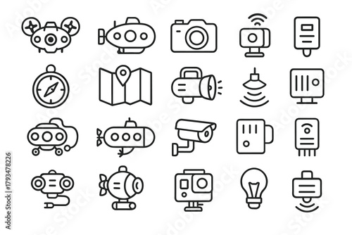 a set of outline-style icons related to technology, exploration, navigation, cameras, sensors, and devices.