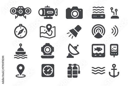a collection of 20 black silhouette icons representing various navigation, underwater exploration, and marine-related concepts.