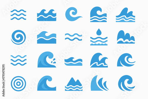 a collection of 20 blue silhouette icons representing various water and wave-related elements.