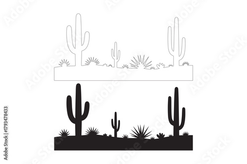 Desert landscape silhouette with detailed cactus and sparse vegetation