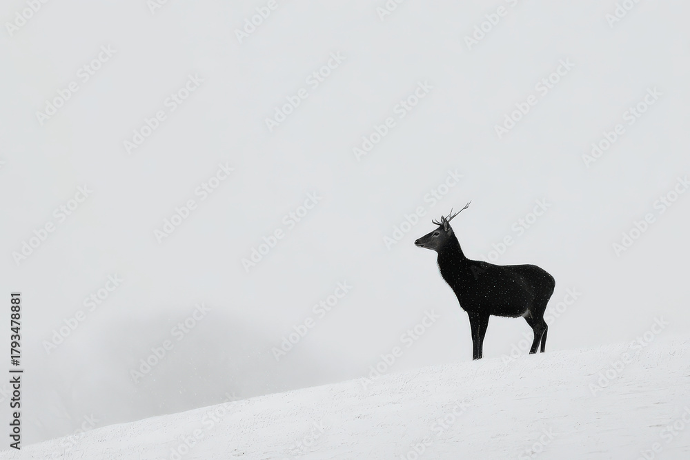 Naklejka premium striking black and white silhouette of majestic white deer standing gracefully against snowy landscape