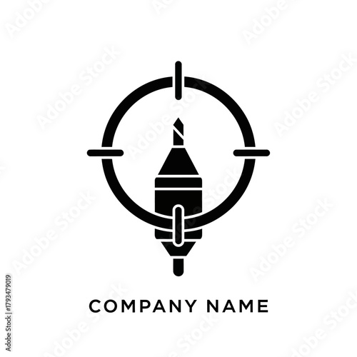 Drill bit in crosshairs logo symbol.
