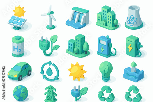 Renewable Energy and Sustainability Icons – 3D Isometric Eco Power Set