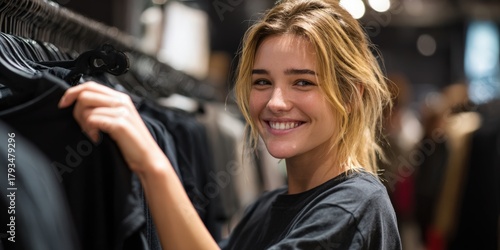 Wallpaper Mural Young woman smiling browsing clothing rack inside store Torontodigital.ca