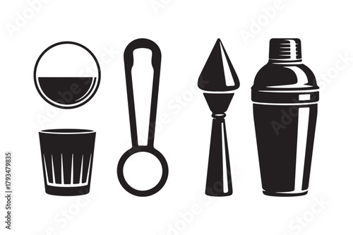 Black and white illustration of bartending tools