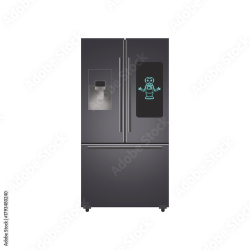 Smart Refrigerator with Digital Screen and Robot Assistant.Transparent Background.
