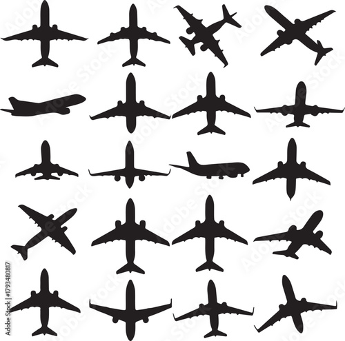 Collection of Black Silhouettes of Airplanes in Various Poses Keywords: airplane, aircraft, plane, jet, aviation, flight, travel, transportation, sky, wing, fuselage, on transparent background