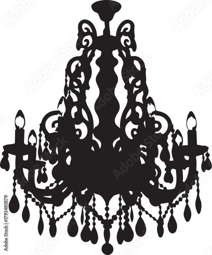 Ornate Black Silhouette of a Classic Chandelier with Hanging Crystals and Candles Keywords: chandelier, light, fixture, lamp, ornate, decorative, vintage, classic, elegant, on transparent background