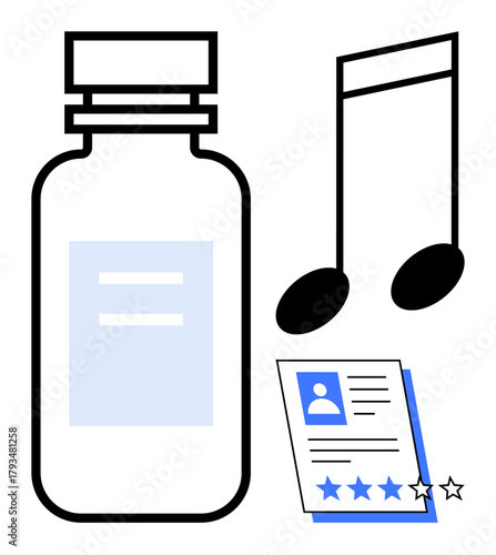 Medicine bottle with label, large music note, and a starred user profile card. Ideal for health, creativity, music, evaluation, ratings, reviews personal development simple flat metaphor