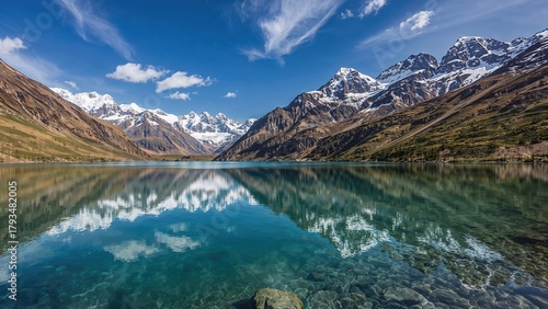 Scenic mountain landscape with snow-capped peaks reflected in a calm lake under a blue sky with clouds.