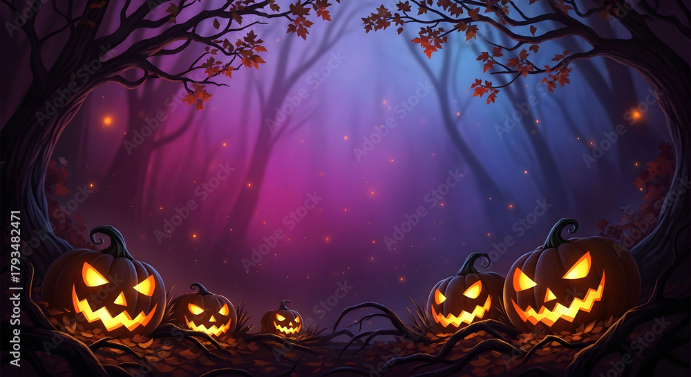 Fototapeta premium Spooky halloween forest scene with glowing carved pumpkins and mystical purple and blue fog creating a magical and eerie atmosphere