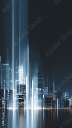 Digital cityscape with modern skyscrapers and glowing blue vertical lines representing data flow and technology against a dark background