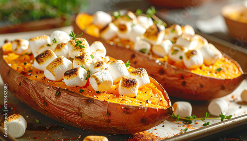 Twice-baked sweet potatoes topped with marshmallows, macro shot. AI