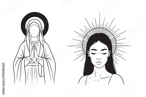 Religious icons of the virgin mary and a serene woman