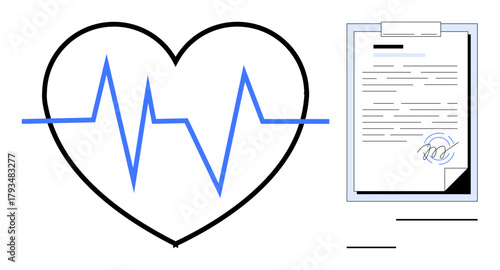 Heart outline with blue ECG line and signed document. Ideal for healthcare, medical records, heart health, legal agreements, medical compliance, wellness, simple flat metaphor