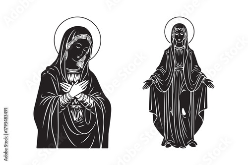 Two black and white religious icons of the virgin mary