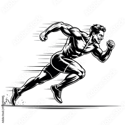 A muscular athlete sprints with determination, embodying speed and athletic prowess.