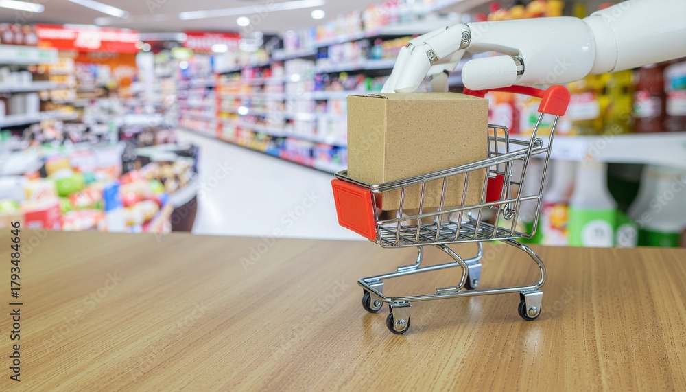Naklejka premium A robot arm placing a box into a miniature shopping cart in a supermarket, showcasing automation in retail
