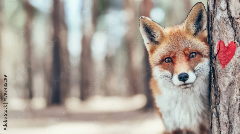 Obraz premium In the forest, a charming fox is playfully peeking out from behind a tree trunk adorned with a vivid red heart, symbolizing love, wonder, and the beauty of nature