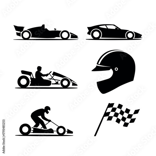Collection of racing car, go-kart, helmet, and checkered flag silhouettes.