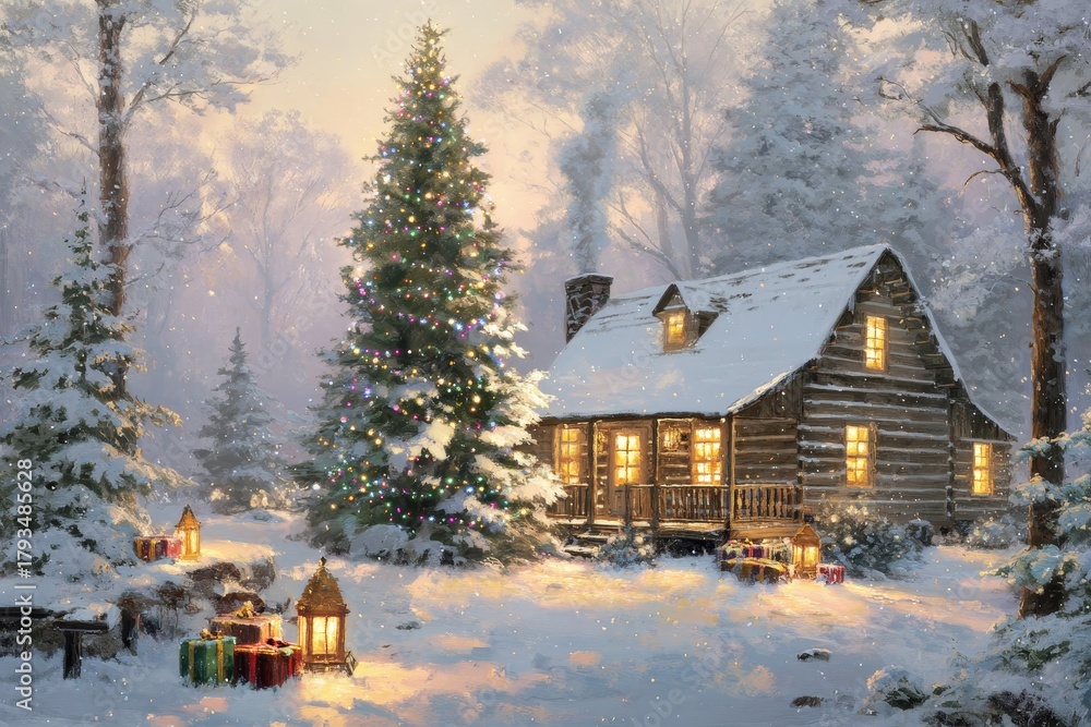 Fototapeta premium Illuminated log cabin nestled in a snowy forest during evening hours