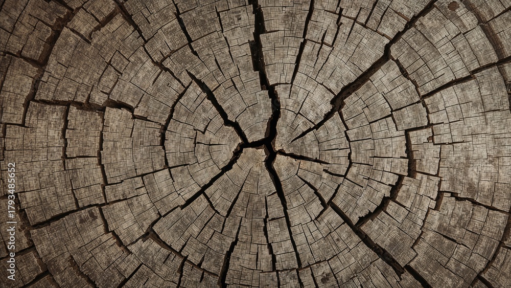 Fototapeta premium Close-up of a tree ring and cracked wood surface. Nature and wood texture. Organic material and growth pattern. The concept of aging and natural patterns.