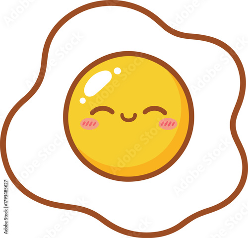 Cute smiling fried egg cartoon character vector illustration, cheerful breakfast food graphic design element, kawaii morning meal icon isolated.
