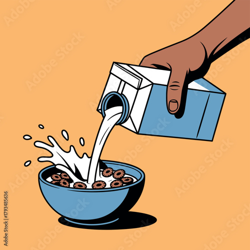 A hand pours milk into a bowl of cereal, creating a splash.