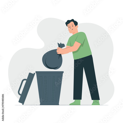 A person is putting a full trash bag into a garbage bin.