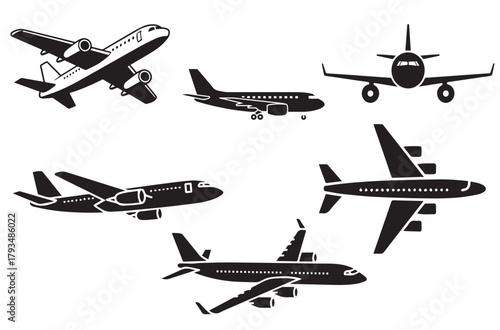 Air plane silhouettes flying in the sky with travel and aviation icons