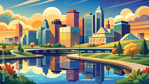 Very beautiful high-quality photo of the Omaha, Nebraska skyline along the banks of the Missouri River, USA, featuring modern skyscrapers, urban bridges, and reflective river waters under a clear sky,