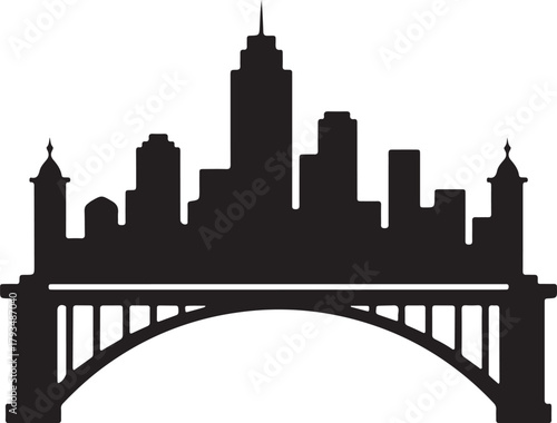 Urban city skyline silhouette featuring diverse architectural structures and an elegant arched bridge connecting two sides of a river