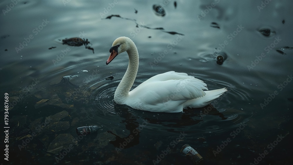Naklejka premium A swan swimming in a dark, polluted water body with floating trash and debris. Nature and pollution, environmental concerns. Water pollution and wildlife habitat.