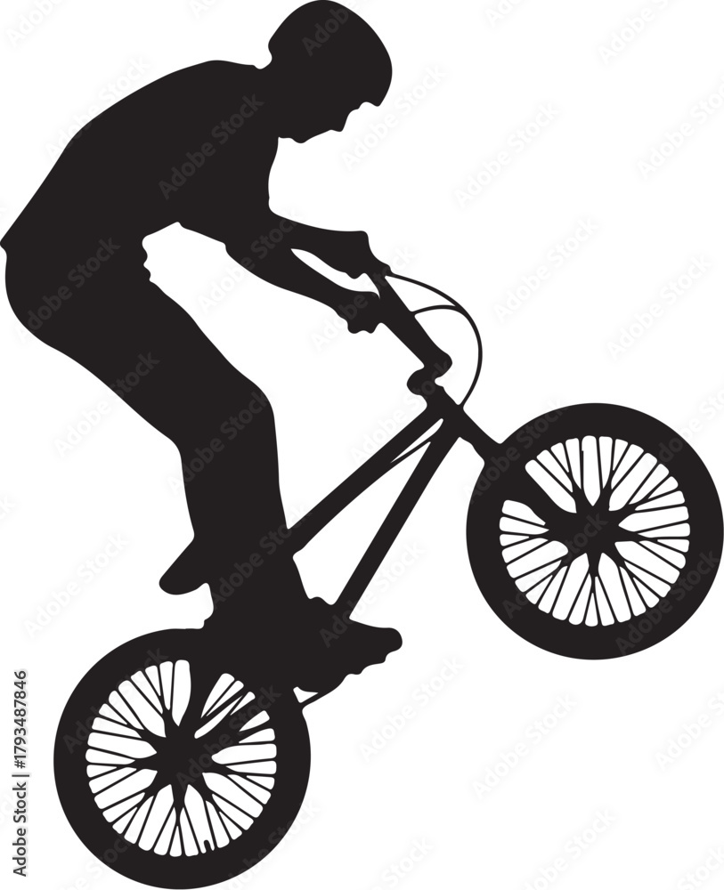Fototapeta premium Silhouette of aBMX rider performing a wheelie on a white background bicycle bike on transparent background
