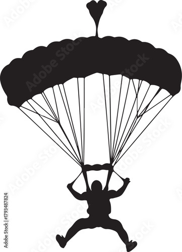 Silhouette of a skydiver descending with a large open parachute skydiving extreme sport on transparent background