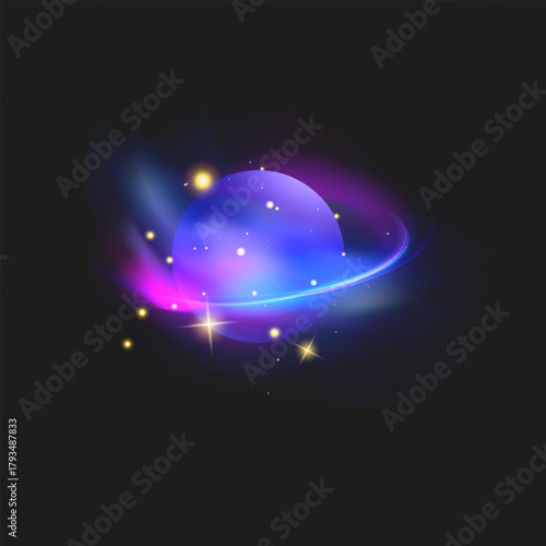 Glowing Purple Planet with Rings in Cosmic Space Neon planet with glowing rings