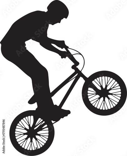 Silhouette of aBMX rider performing a wheelie on a white background bicycle bike on transparent background