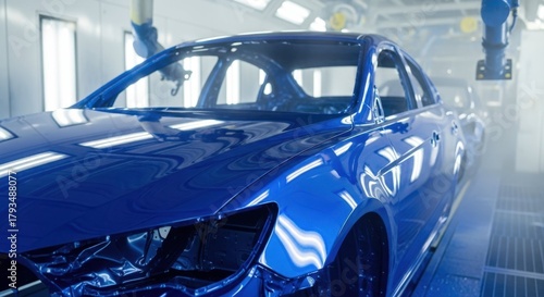Blue car body in automotive painting process with robotic arms applying paint in modern factory. Car painting process ensures high-quality finish and durability,