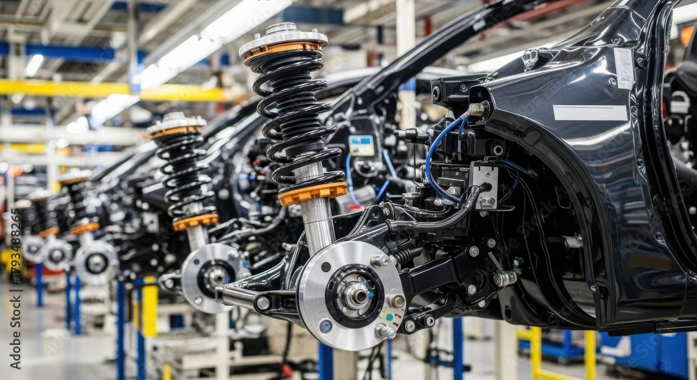 Fototapeta premium Car assembly line with automotive suspension systems and mechanical components being installed. Car manufacturing includes advanced technology, precision engineering, and quality control for vehicles.