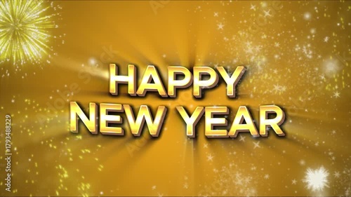Happy New Year, Animated Greeting with Golden 3D Text, Sparkling Fireworks, and Glittering Particles on a Bright Gold Background.