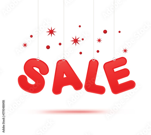 Red sale text hanging on strings for promotion and advertising, offering discount and special price, marketing campaign