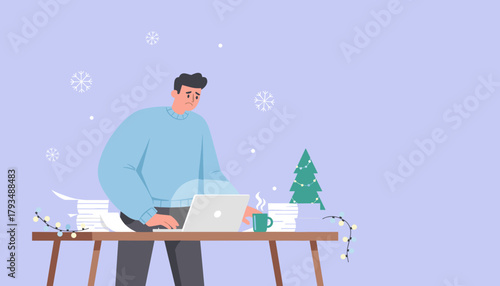 Busy man works late during winter holidays overloaded with documents and deadlines