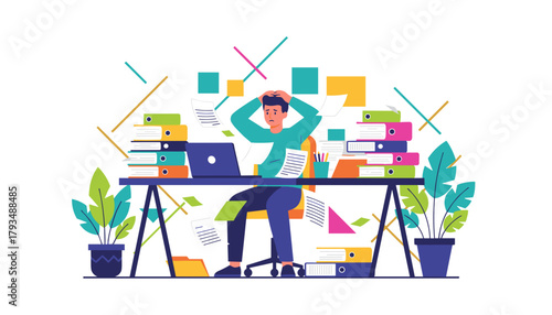 Stressed man overwhelmed by huge workload and paperwork in the office