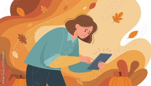 Worried woman using a tablet in a flat autumn illustration suggesting seasonal stress or technical issues