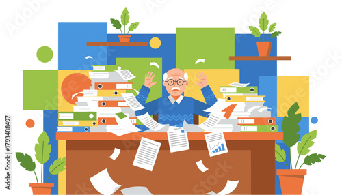 Overwhelmed senior worker drowning in piles of files and documents in a chaotic office