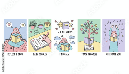 Cute illustration of selfcare routine journaling reflection intention setting progress tracking and celebration