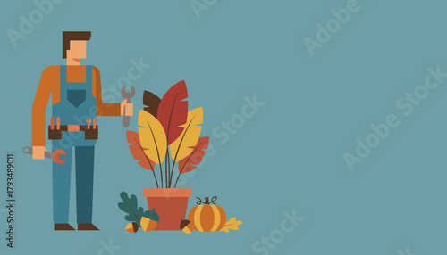 Professional repairman holding wrenches next to autumn decor Flat illustration