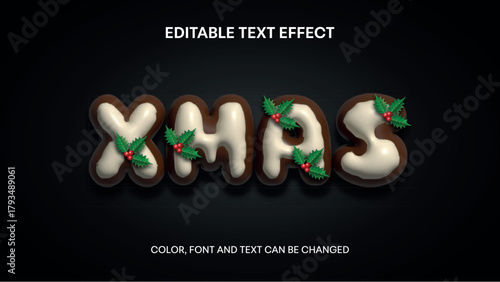 christmas editable text effect. pudding editable text with holly