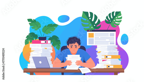 Overworked employee stressed by huge piles of paperwork and deadlines representing burnout concept